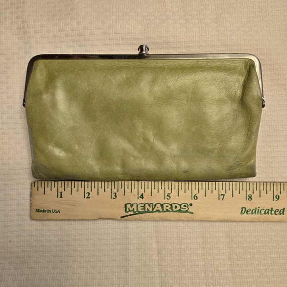 Vtg Hobo International Lauren Leather Double-Frame Clutch Wallet Citrine Green - Picture 14 of 14
